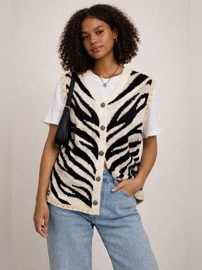 Casa Maglia Zebra Print Knit‎ Sweater Vest Button Front Textured Trim Size S